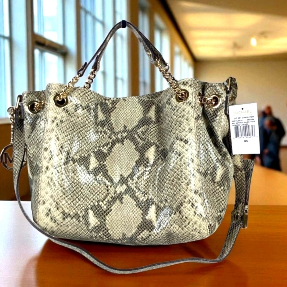 MICHAELβ KORS BAG ANGORA SNAKE JET SET GOLD CHAIN GATHER SHOULDER TOTE PURSE